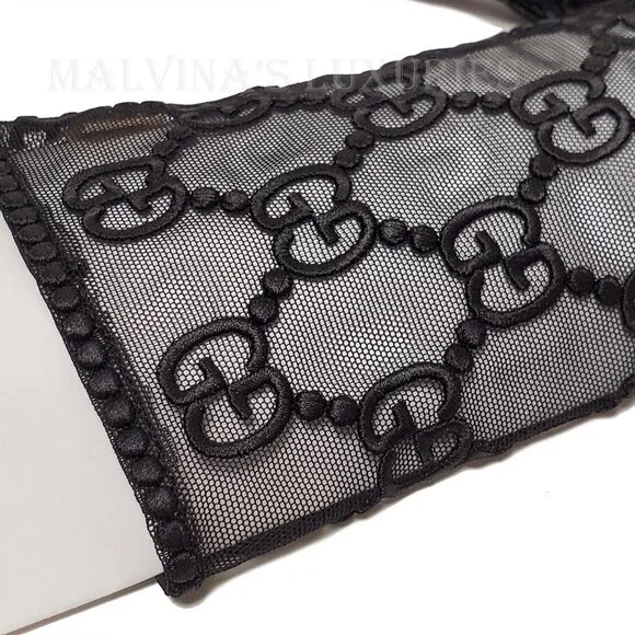 GUCCI GLOVES 787379 BLACK TULLE w GG LOGO MOTIF EMBROIDERY sz 8 / L - Picture 8 of 14
